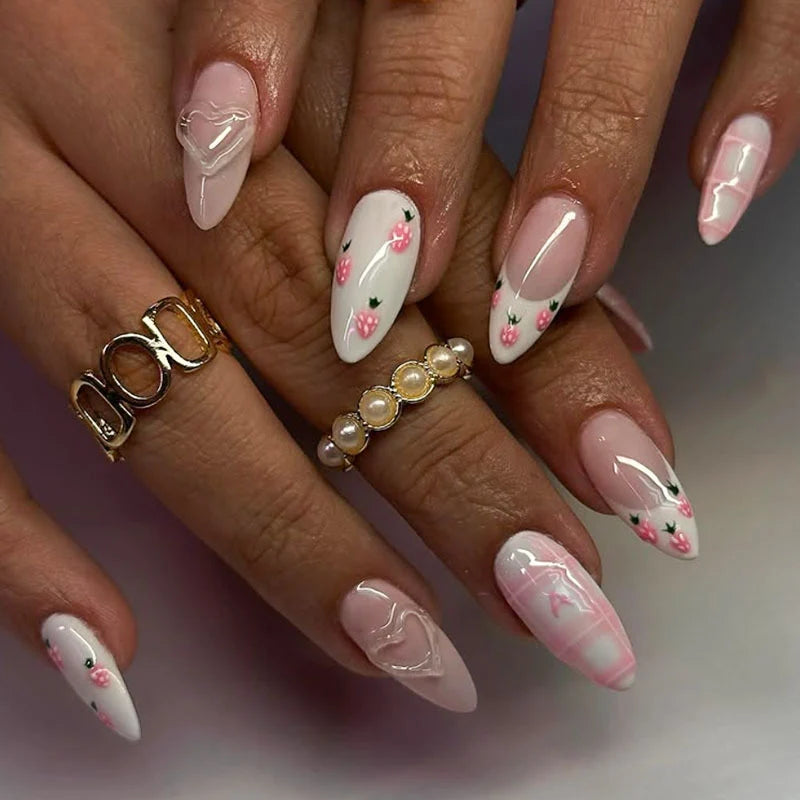 Acrylic Nail Set Floral Design Dark Red Easy Application