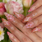 Acrylic Nail Set Floral Design & Gold Accents Long-Lasting Wear