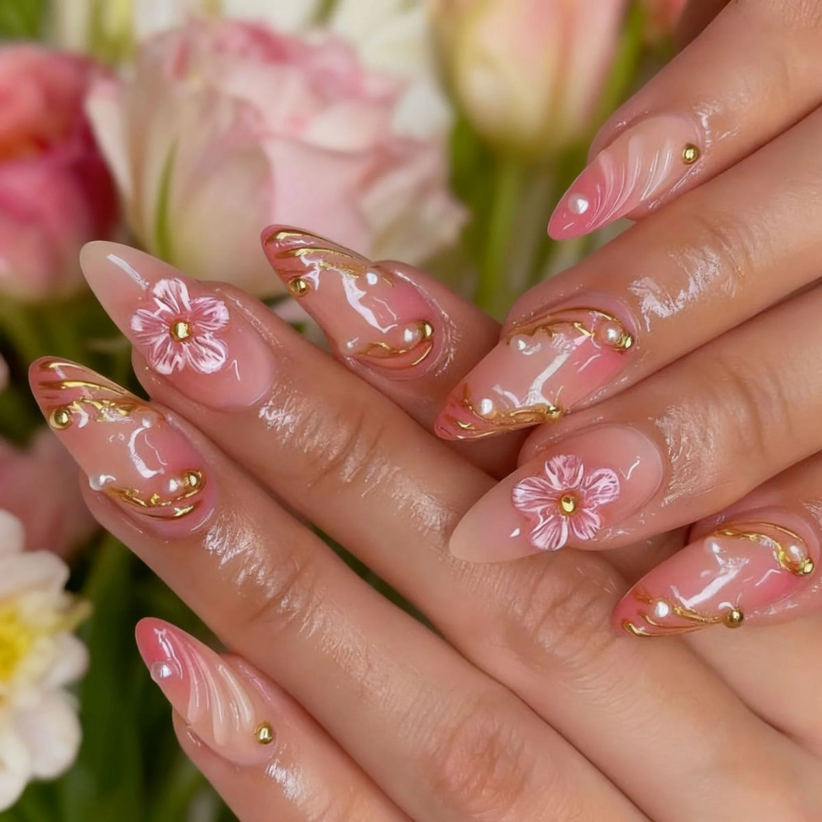 Acrylic Nail Set Floral Design & Gold Accents Long-Lasting Wear