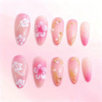 Acrylic Nail Set Floral Design & Gold Accents Long-Lasting Wear