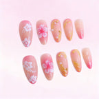 Acrylic Nail Set Floral Design & Gold Accents Long-Lasting Wear