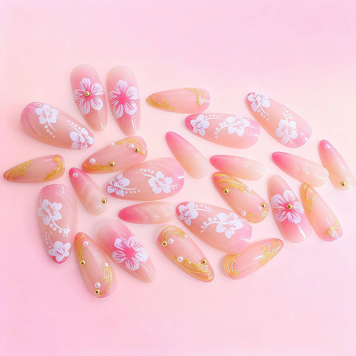 Acrylic Nail Set Floral Design & Gold Accents Long-Lasting Wear