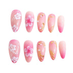 Acrylic Nail Set Floral Design & Gold Accents Long-Lasting Wear
