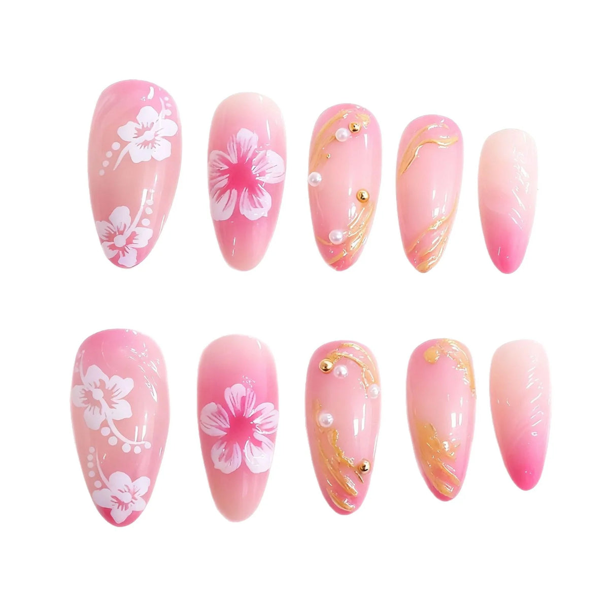 Acrylic Nail Set Floral Design & Gold Accents Long-Lasting Wear