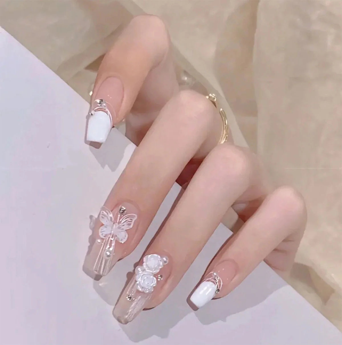 Acrylic Nail Set Floral Design Multiple Sizes
