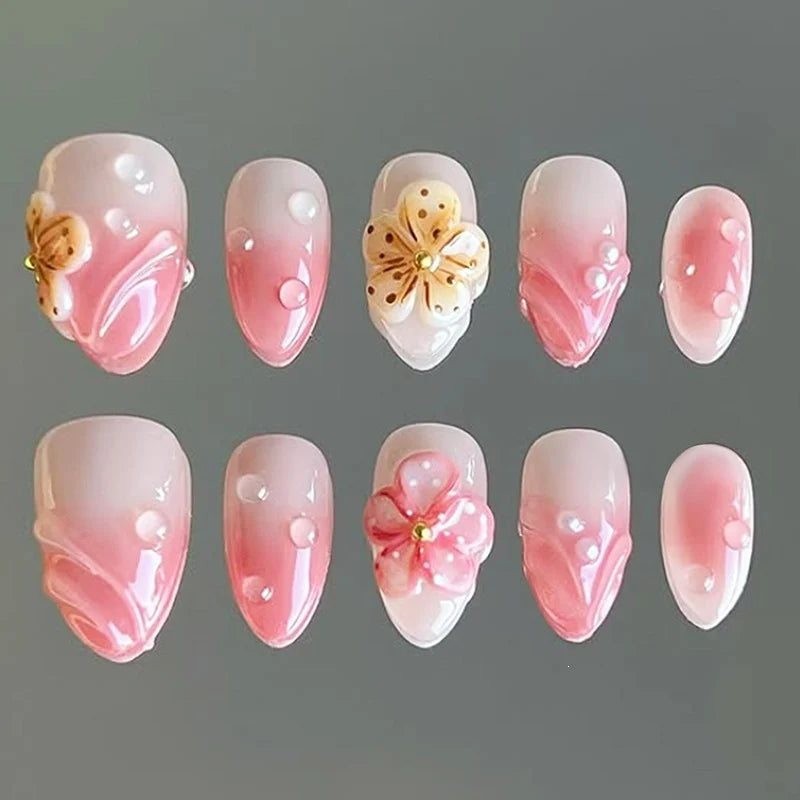 Acrylic Nail Set Floral Designs Includes Glue & Buffer