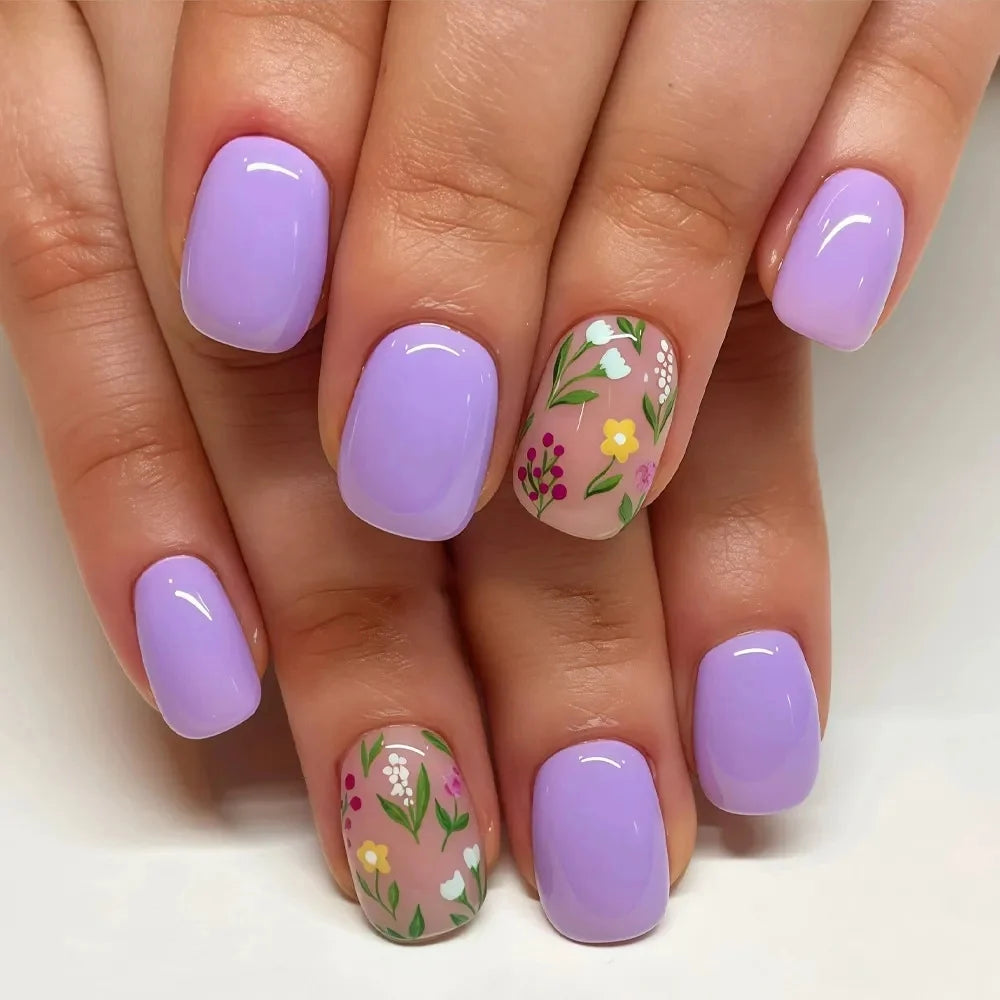 Acrylic Nail Set Floral Glossy Finish & Long-Lasting