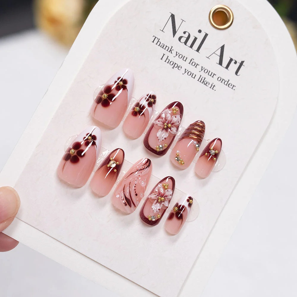 Acrylic Nail Set Floral & Gold Accents Easy Application