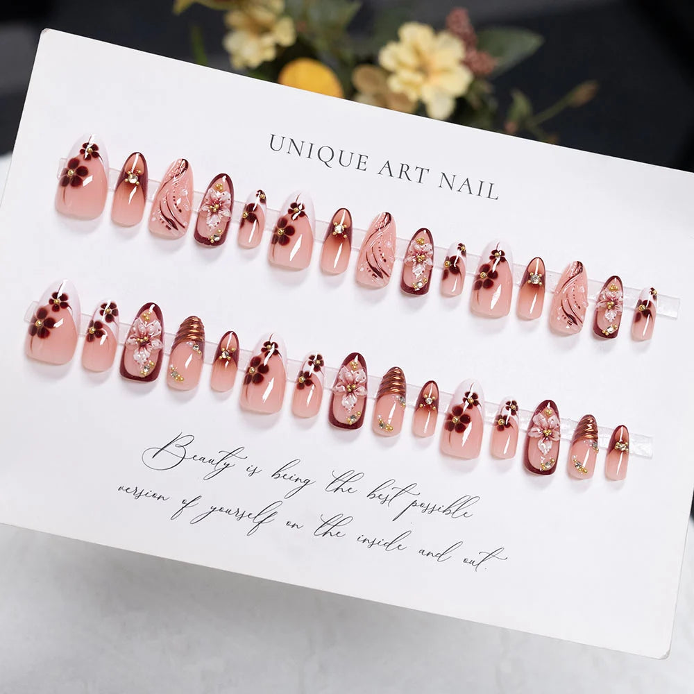 Acrylic Nail Set Floral & Gold Accents Easy Application