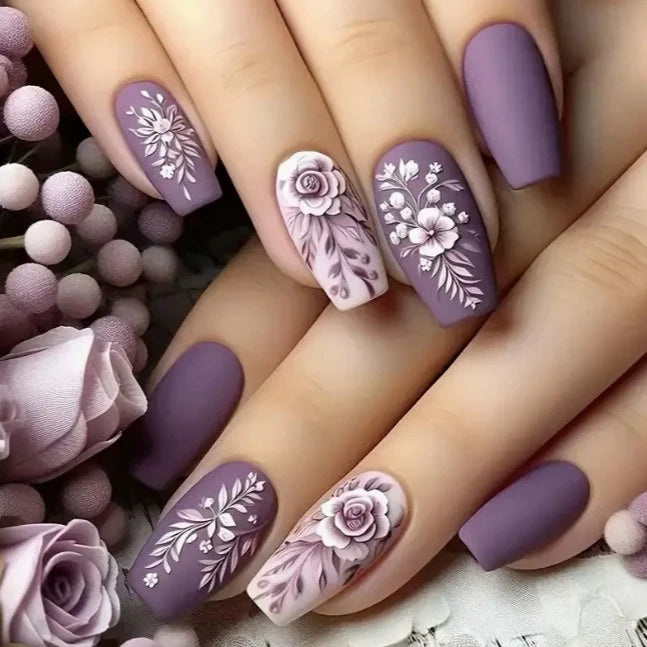 Acrylic Nail Set Floral Matte Easy Application