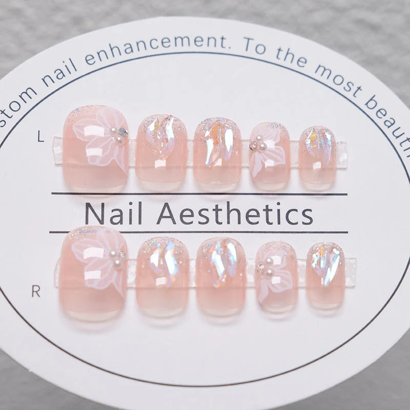 Acrylic Nail Set Floral & Rhinestone Long-Lasting