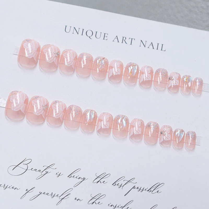 Acrylic Nail Set Floral & Rhinestone Long-Lasting