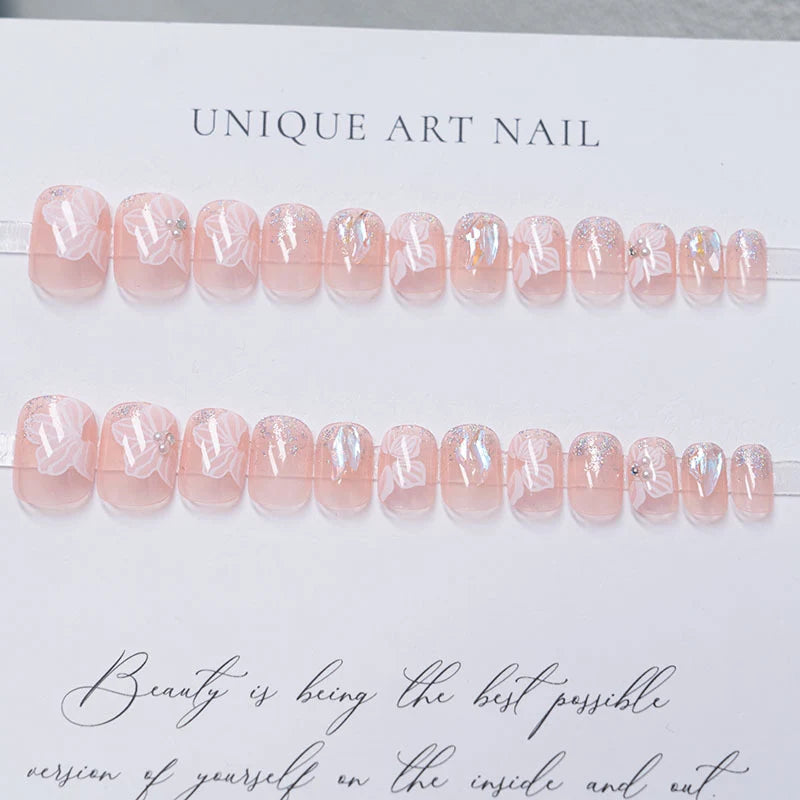 Acrylic Nail Set Floral & Rhinestone Long-Lasting