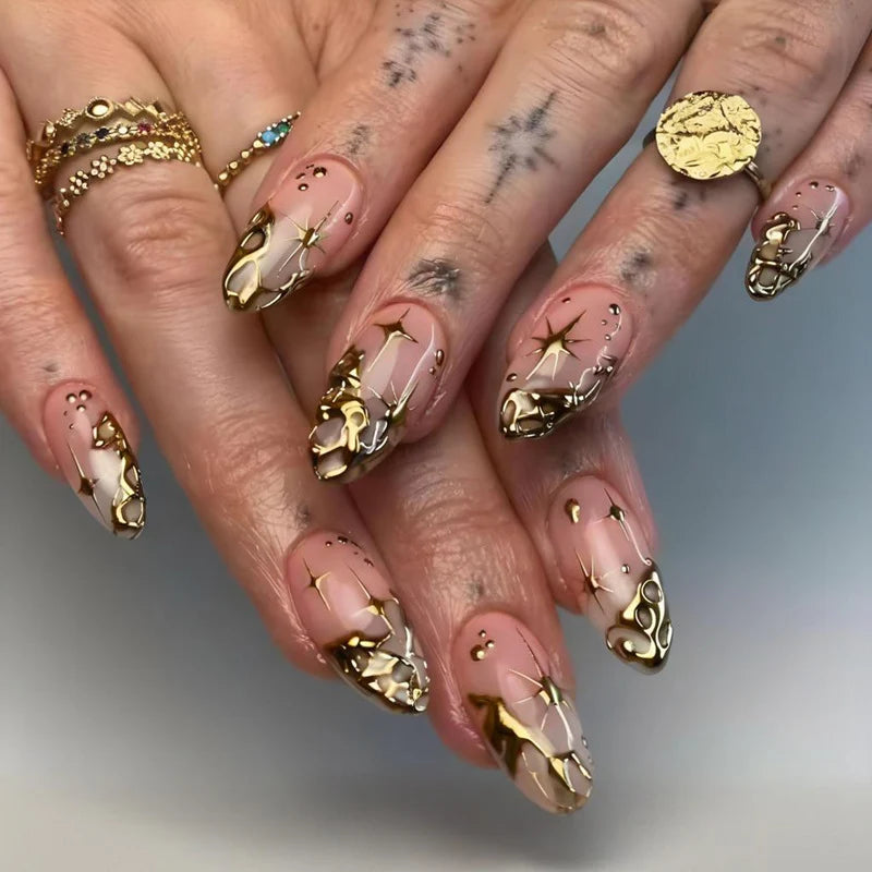 Acrylic Nail Set Gold Accents Easy Application & Reusable