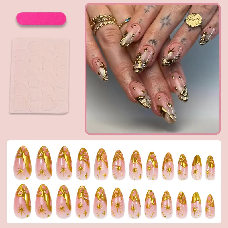 Acrylic Nail Set Gold Accents Easy Application & Reusable