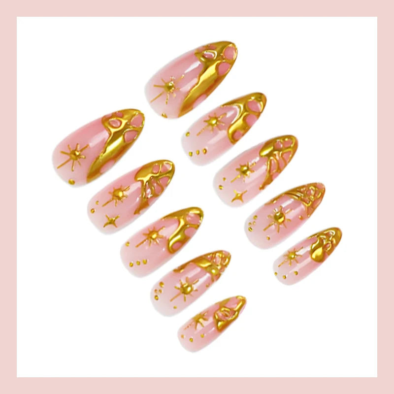 Acrylic Nail Set Gold Accents Easy Application & Reusable