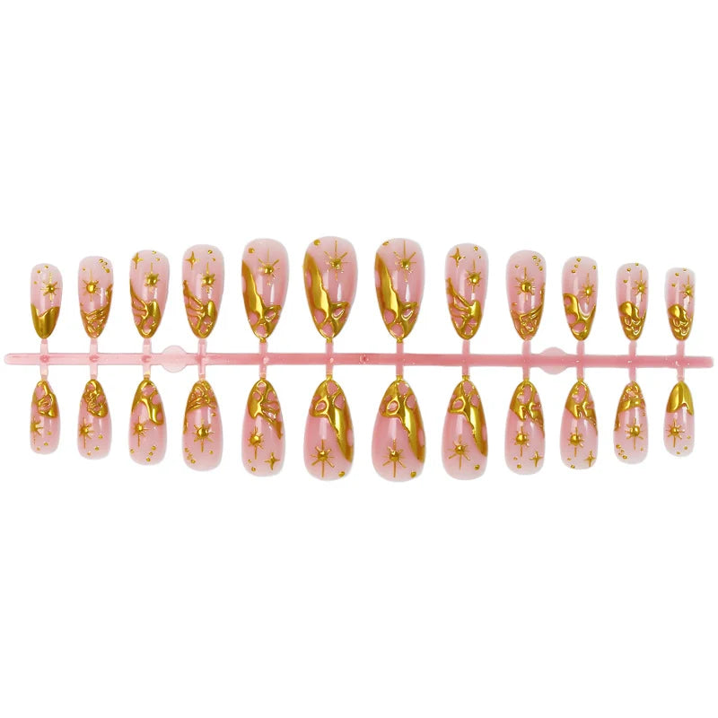 Acrylic Nail Set Gold Accents Easy Application & Reusable