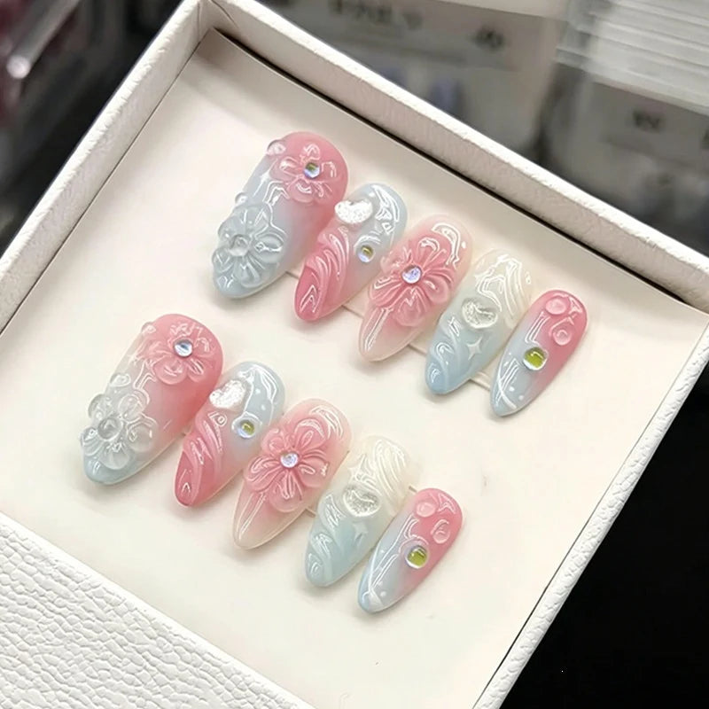 Acrylic Nail Set Gradient Floral Glue & Stickers