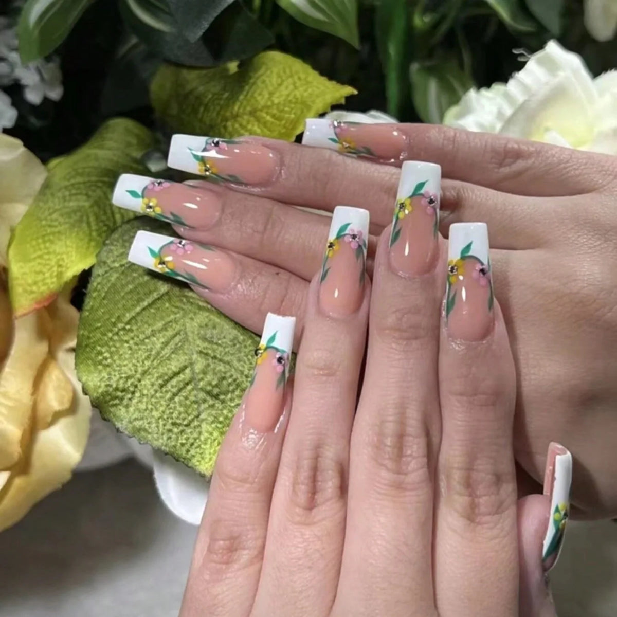 Acrylic Nail Set Hand-Painted Floral Multiple Lengths