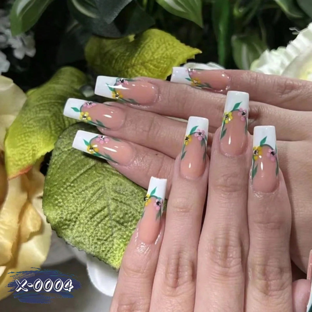 Acrylic Nail Set Hand-Painted Floral Multiple Lengths