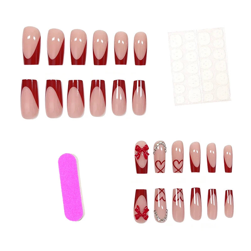 Acrylic Nail Set Heart & Bow Designs 24 Piece
