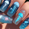 Acrylic Nail Set Jellyfish Design Light Blue Comfort Fit