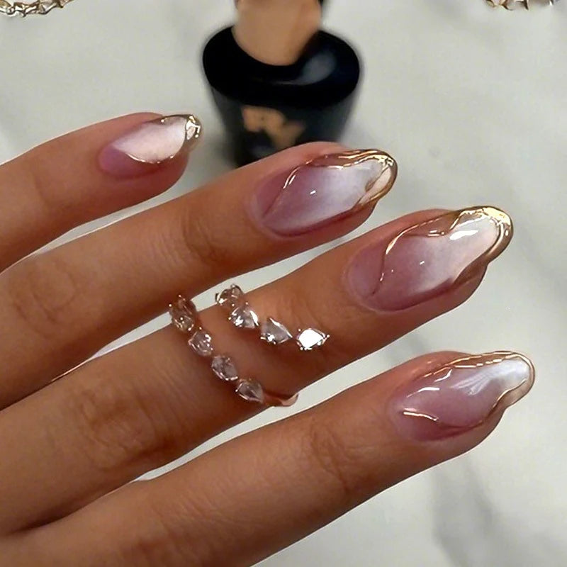 Acrylic Nail Set Metallic Accents Multiple Sizes & Accessories