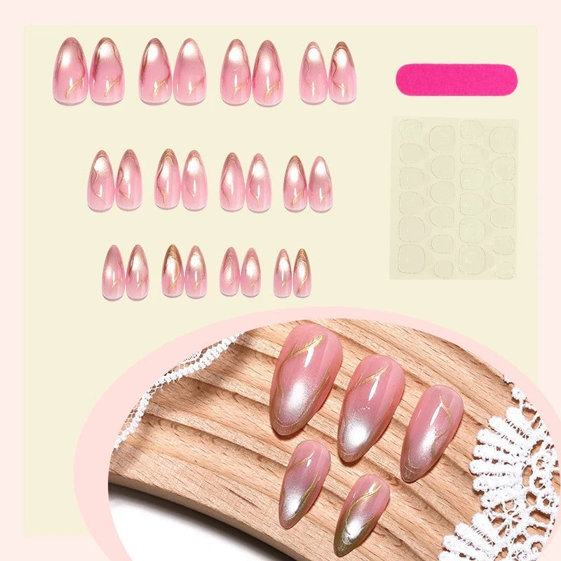 Acrylic Nail Set Metallic Accents Multiple Sizes & Accessories