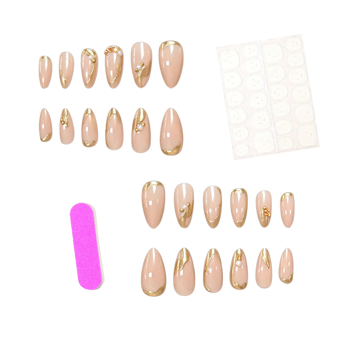 Acrylic Nail Set Nude & Gold Accents 24-Piece