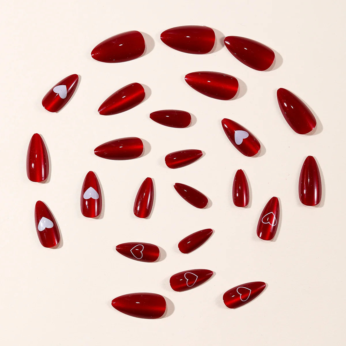 Acrylic Nail Set Red Heart Accent Glossy Finish