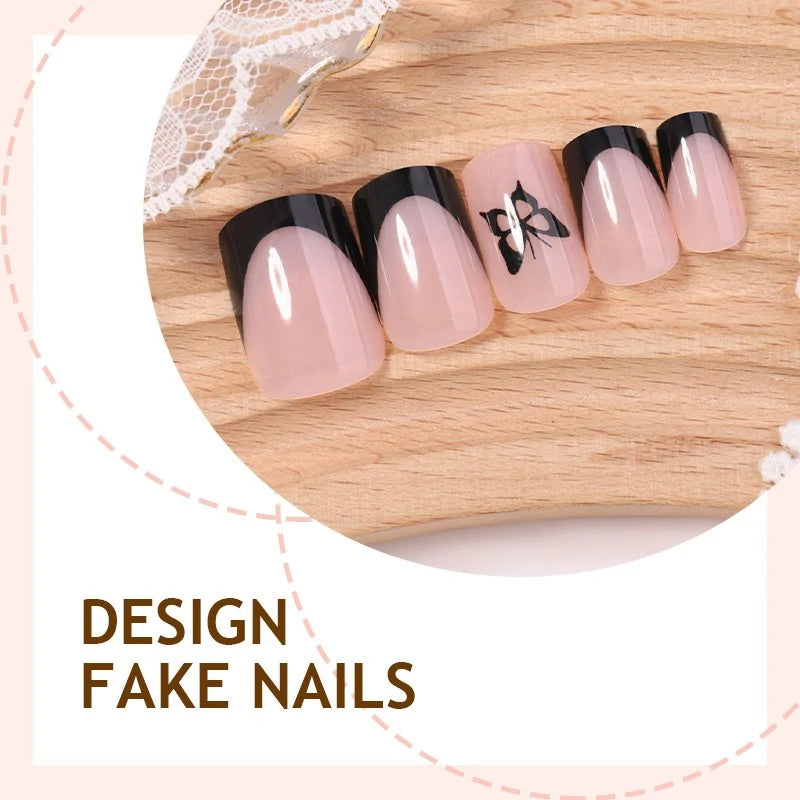 Acrylic Nail Set Self-Adhesive Nude With Black Butterfly Accents