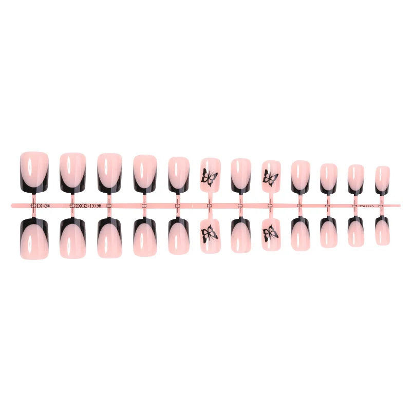 Acrylic Nail Set Self-Adhesive Nude With Black Butterfly Accents