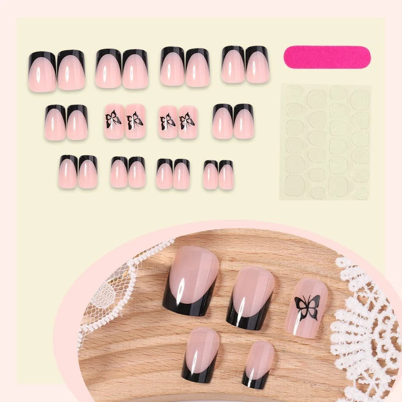 Acrylic Nail Set Self-Adhesive Nude With Black Butterfly Accents