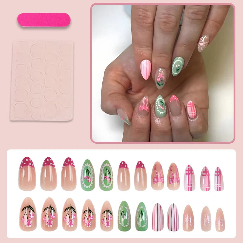 Acrylic Press-On Nail Set Floral & Heart Designs