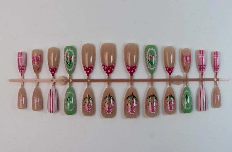 Acrylic Press-On Nail Set Floral & Heart Designs