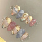 Acrylic Press-On Nail Set Teal Marble & Gold Accents