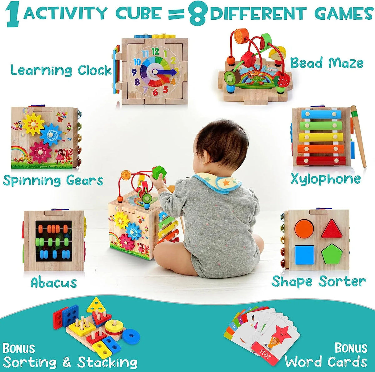 Activity Cube Natural Rubberwood 8-in-1