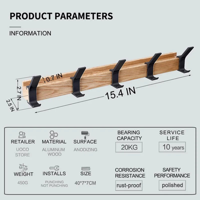 Adjustable 5-Hook Rubberwood & Aluminum Wall Coat Rack