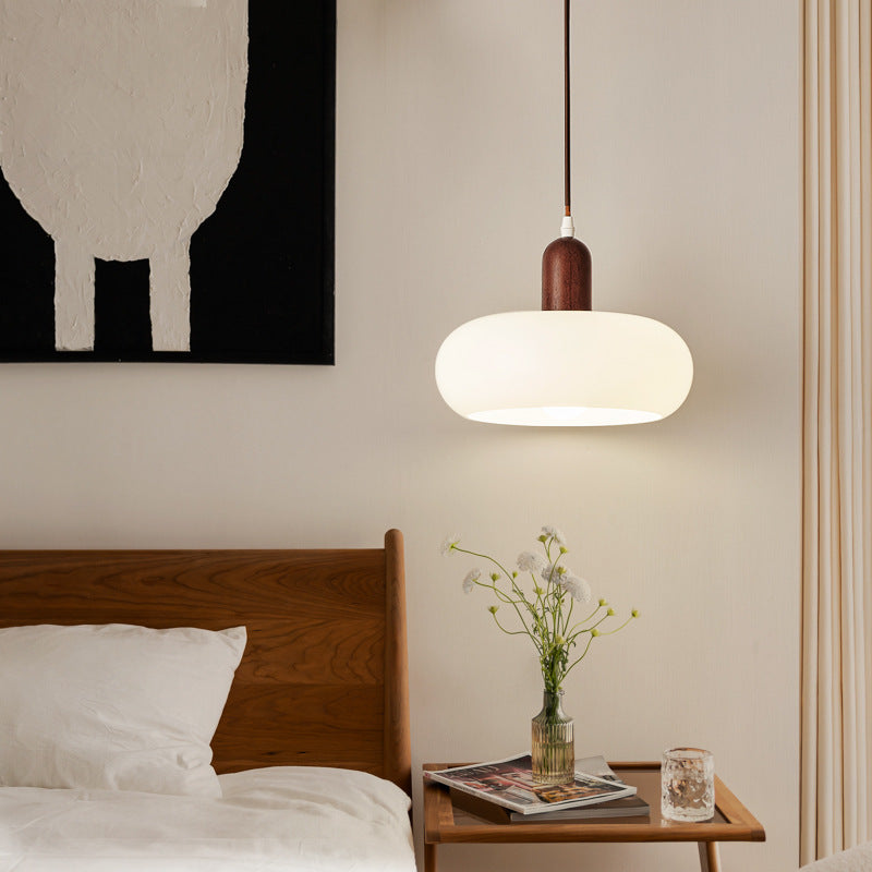 Adjustable Cream Glass & Wood Pendant Light