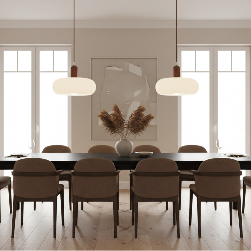 Adjustable Cream Glass & Wood Pendant Light