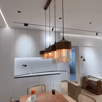 Adjustable Height Natural Wood & Tinted Glass Pendant Light