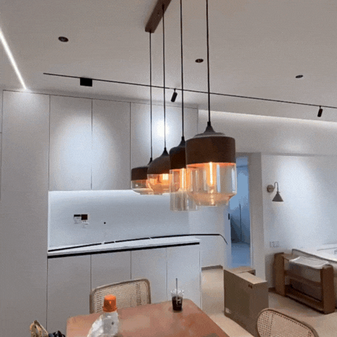 Adjustable Height Natural Wood & Tinted Glass Pendant Light