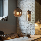 Adjustable Height Natural Wood & Tinted Glass Pendant Light