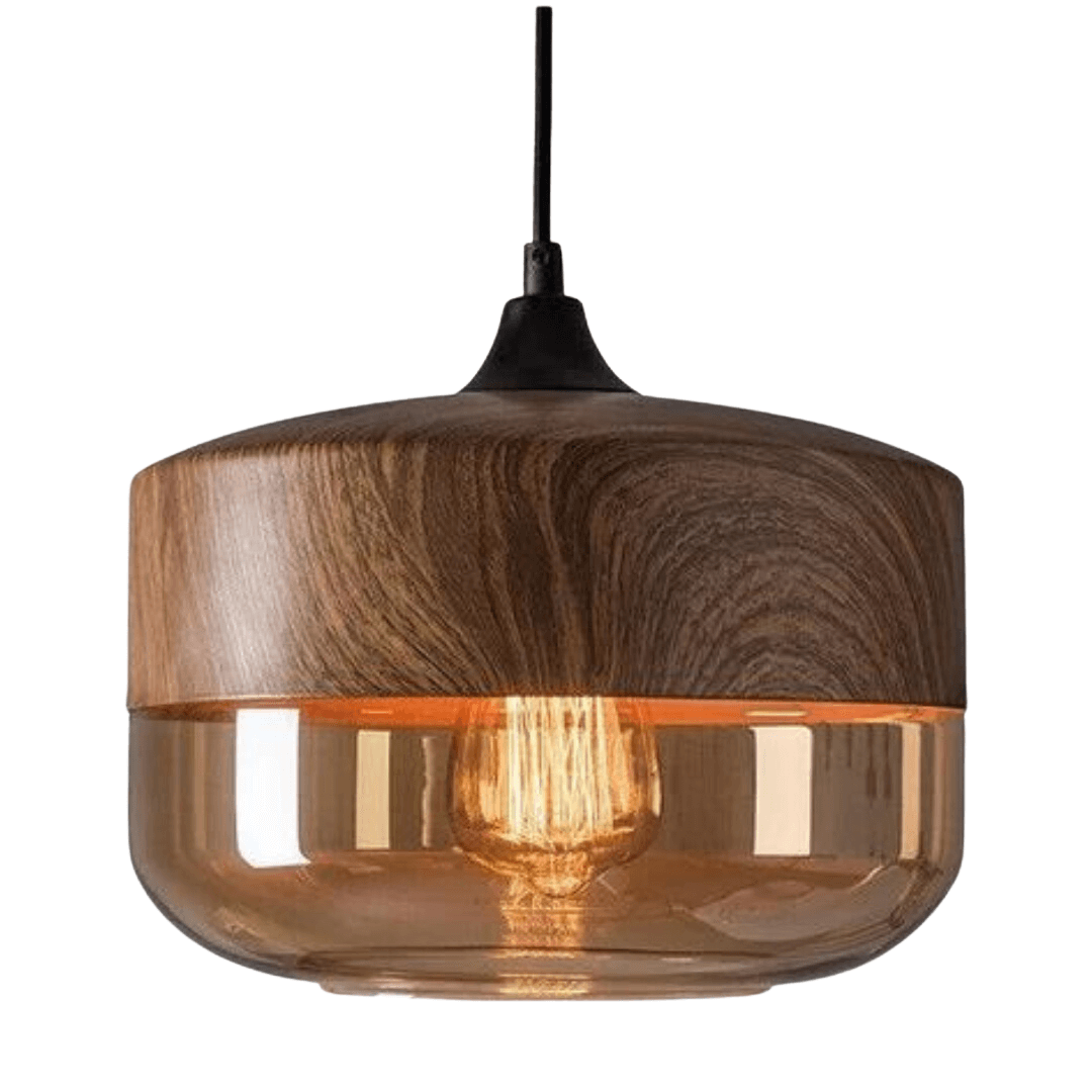 Adjustable Height Natural Wood & Tinted Glass Pendant Light