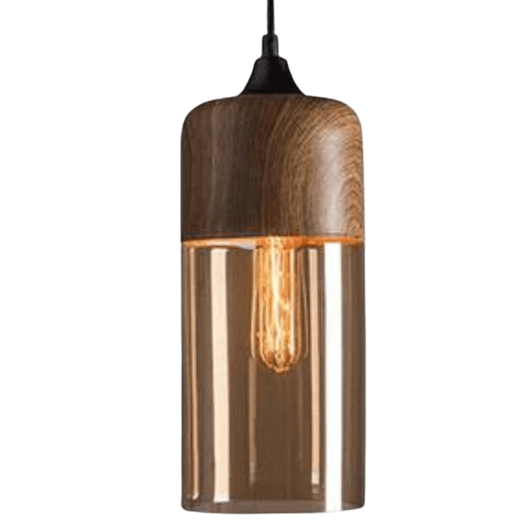 Adjustable Height Natural Wood & Tinted Glass Pendant Light