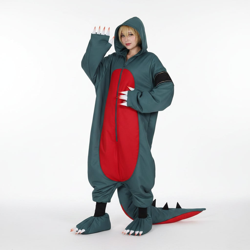Adult Dinosaur Costume Hooded Jumpsuit Wig & Shoe Covers