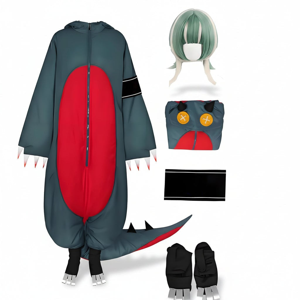 Adult Dinosaur Costume Hooded Jumpsuit Wig & Shoe Covers