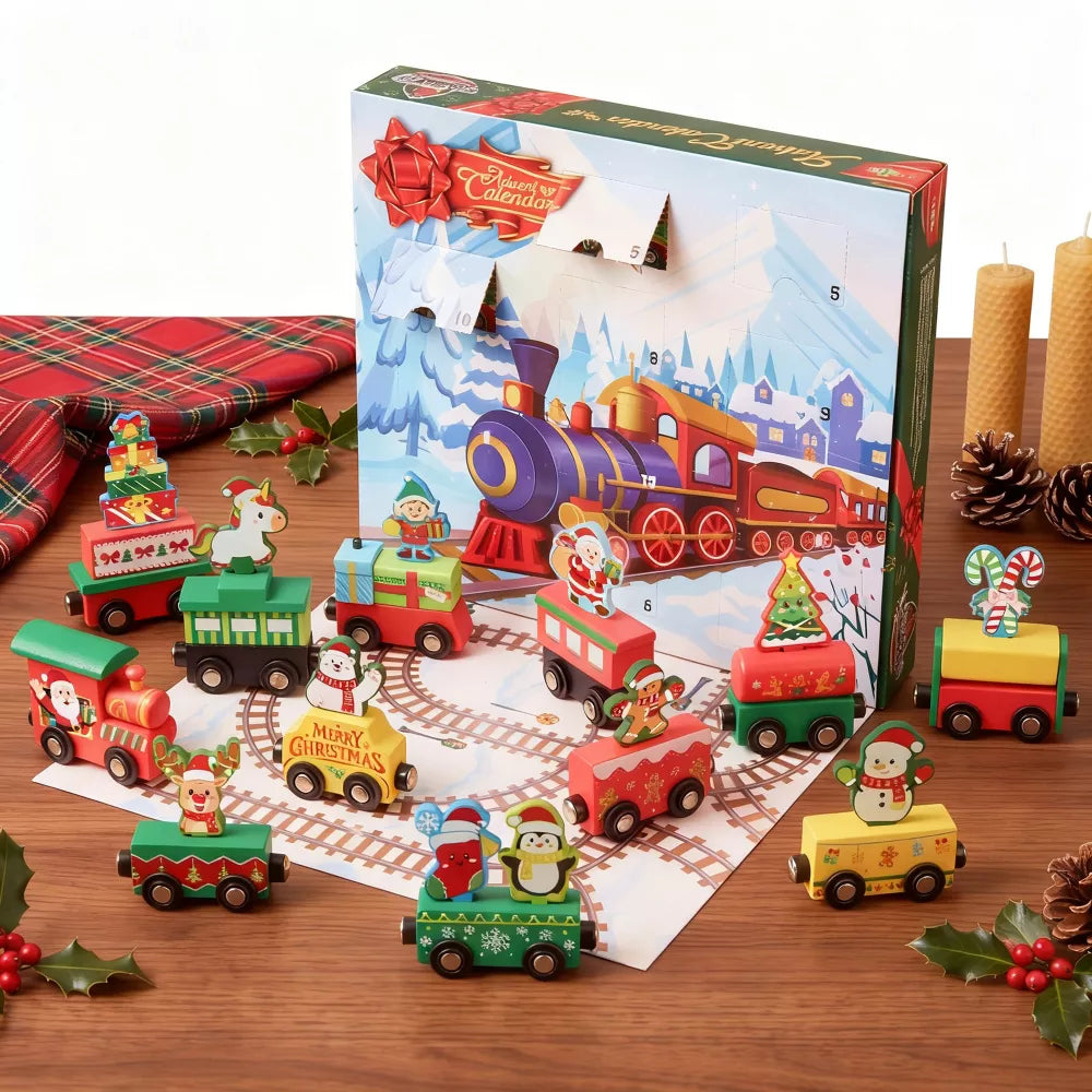 Advent Calendar Wooden Train 12 Magnetic Cars