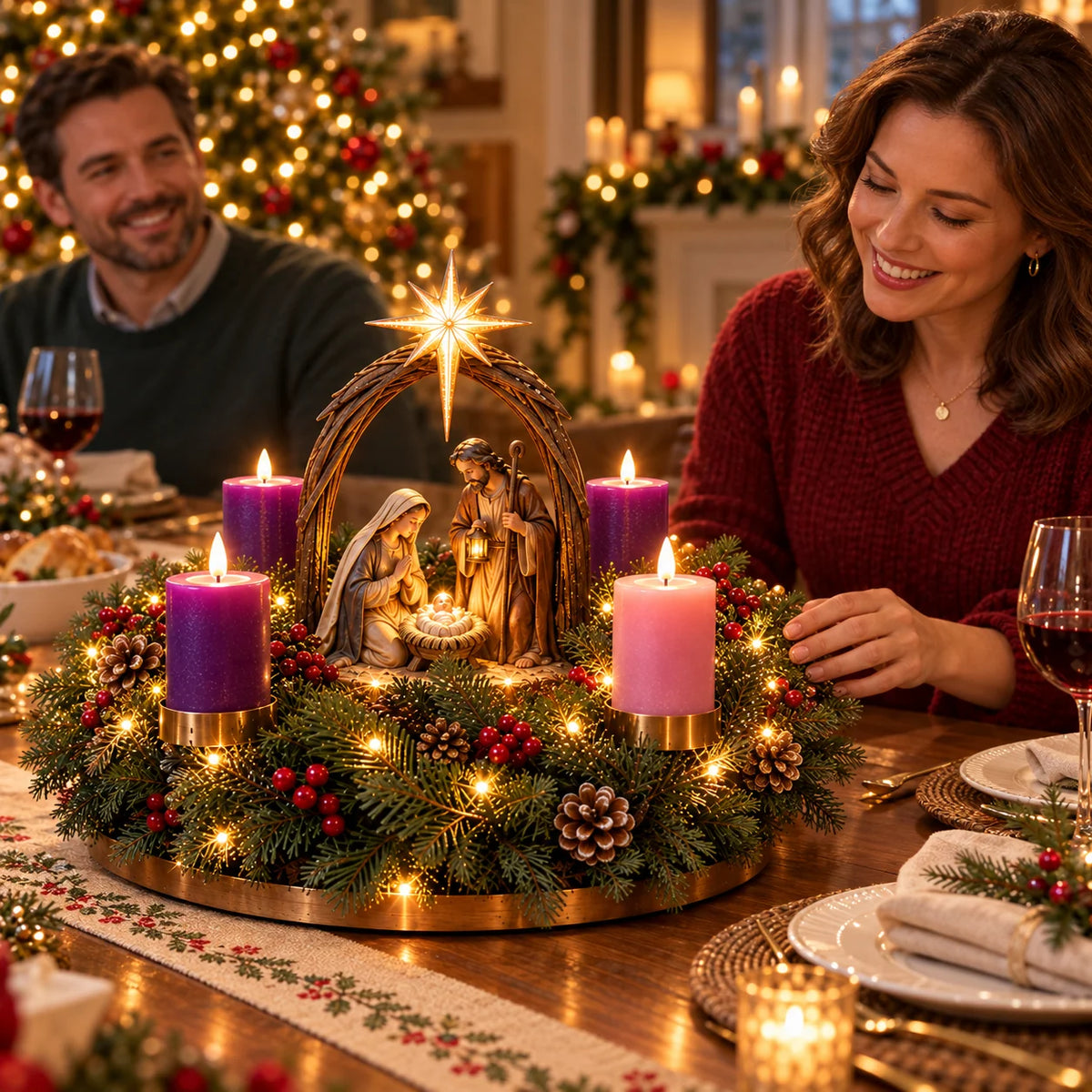 Advent Wreath Lighted Nativity Scene Four Flameless Candles
