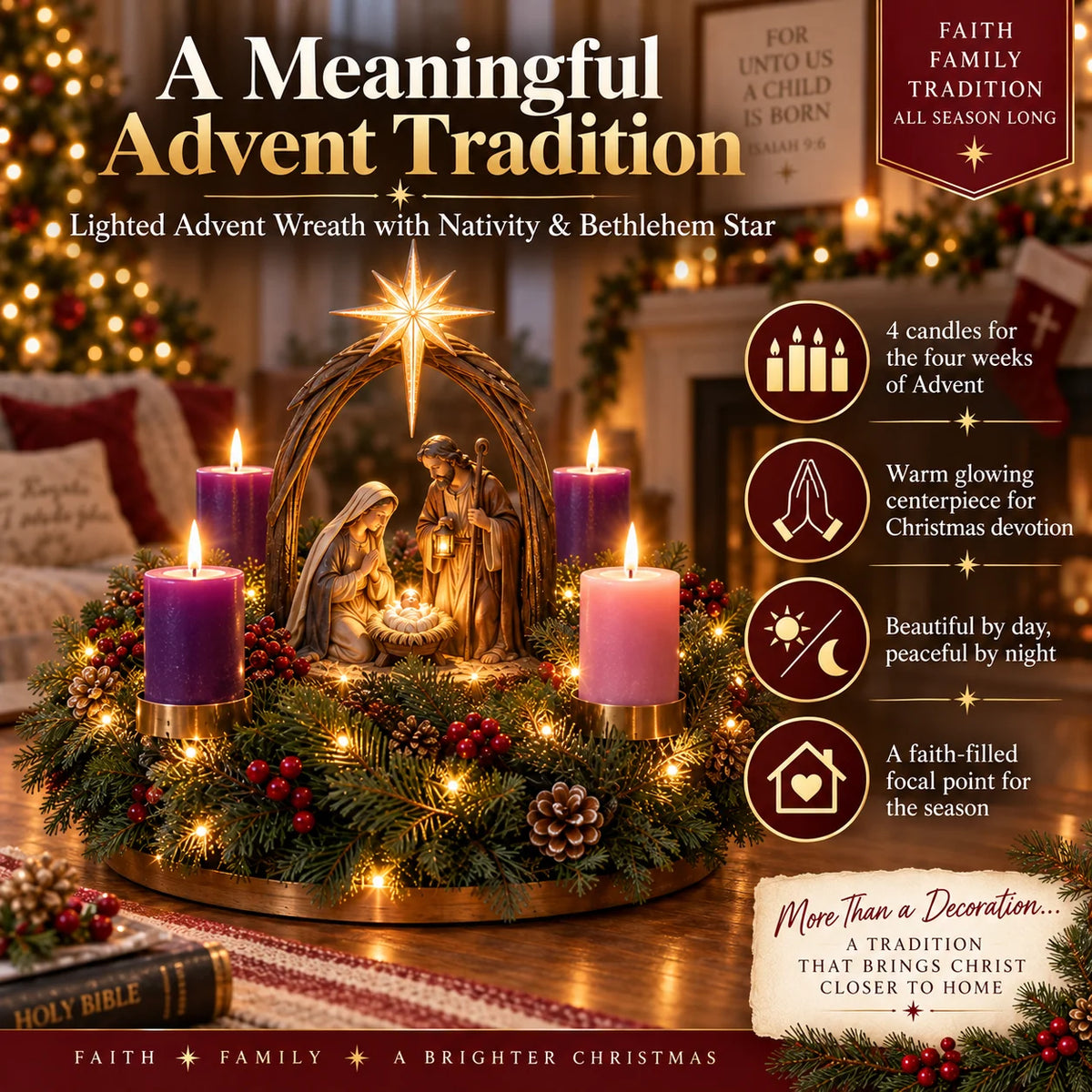 Advent Wreath Lighted Nativity Scene Four Flameless Candles